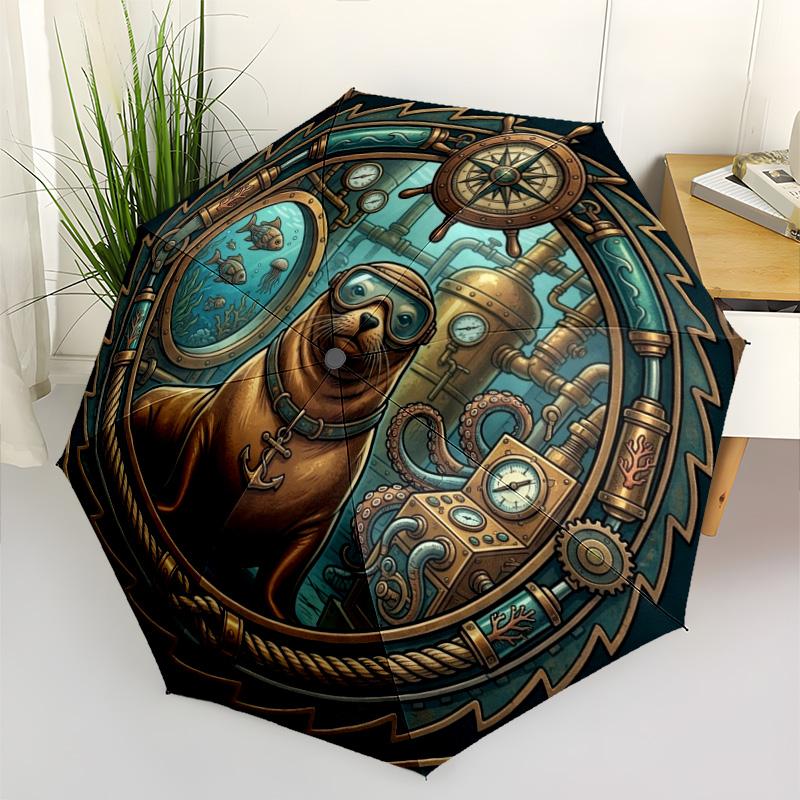 Steampunk Seal Adventure pattern umbrella, portable and foldable design, 8 ribs, a casual accessory for Halloween, Christmas, and birthday gifts.