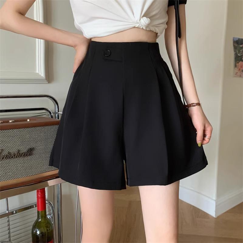 Women's Summer High Waist Black Wide-Leg Suit Shorts - Slimming, Casual, Fashion Draped Style