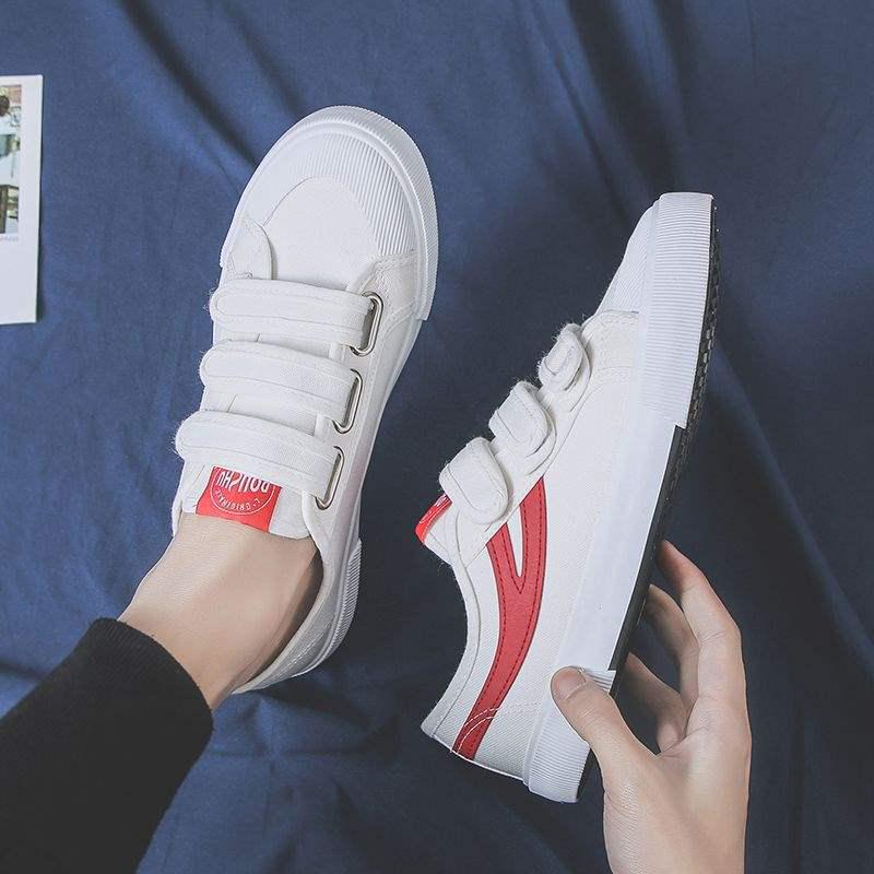 Pánské jarní plátěné boty na suchý zip v korejském stylu – Bílé, prodyšné, všestranné ležérní trendy plátěné boty