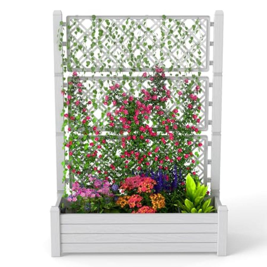 Raised Garden Bed with Trellis for Climbing Plants Outdoor Herb Planter Box with Drainage Plug Water Gauge Durable Resin In Bro