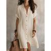 QICED Fashion Summer Spring Solid Color Print Short Sleeve POLO Neck Casual Dresses