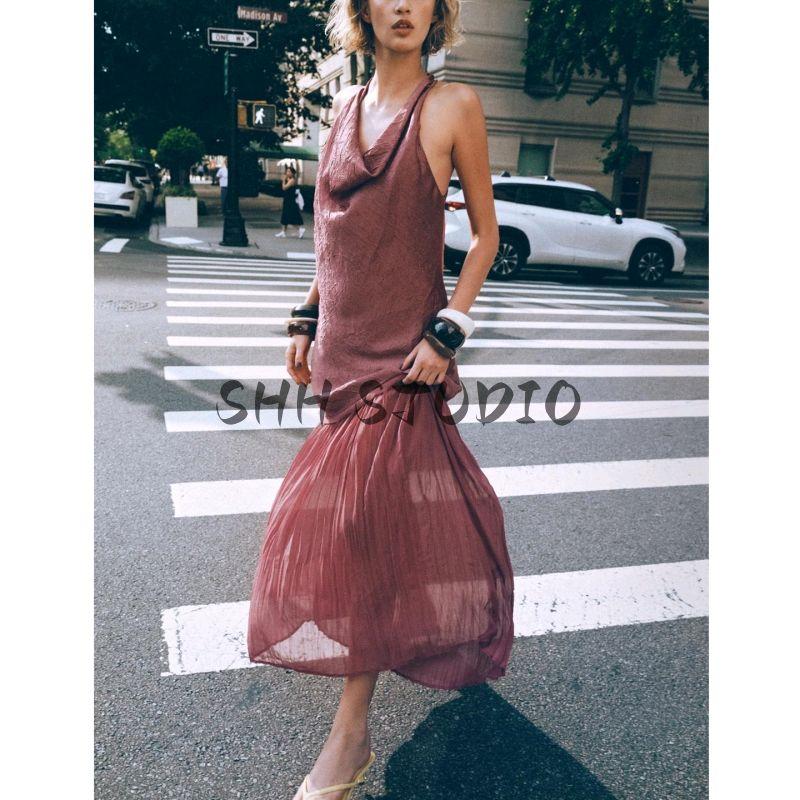 Summer New Product Women Clothes French Style Design Sense Hanging Collar Small Pleated Patchwork Midi Dress 5029154