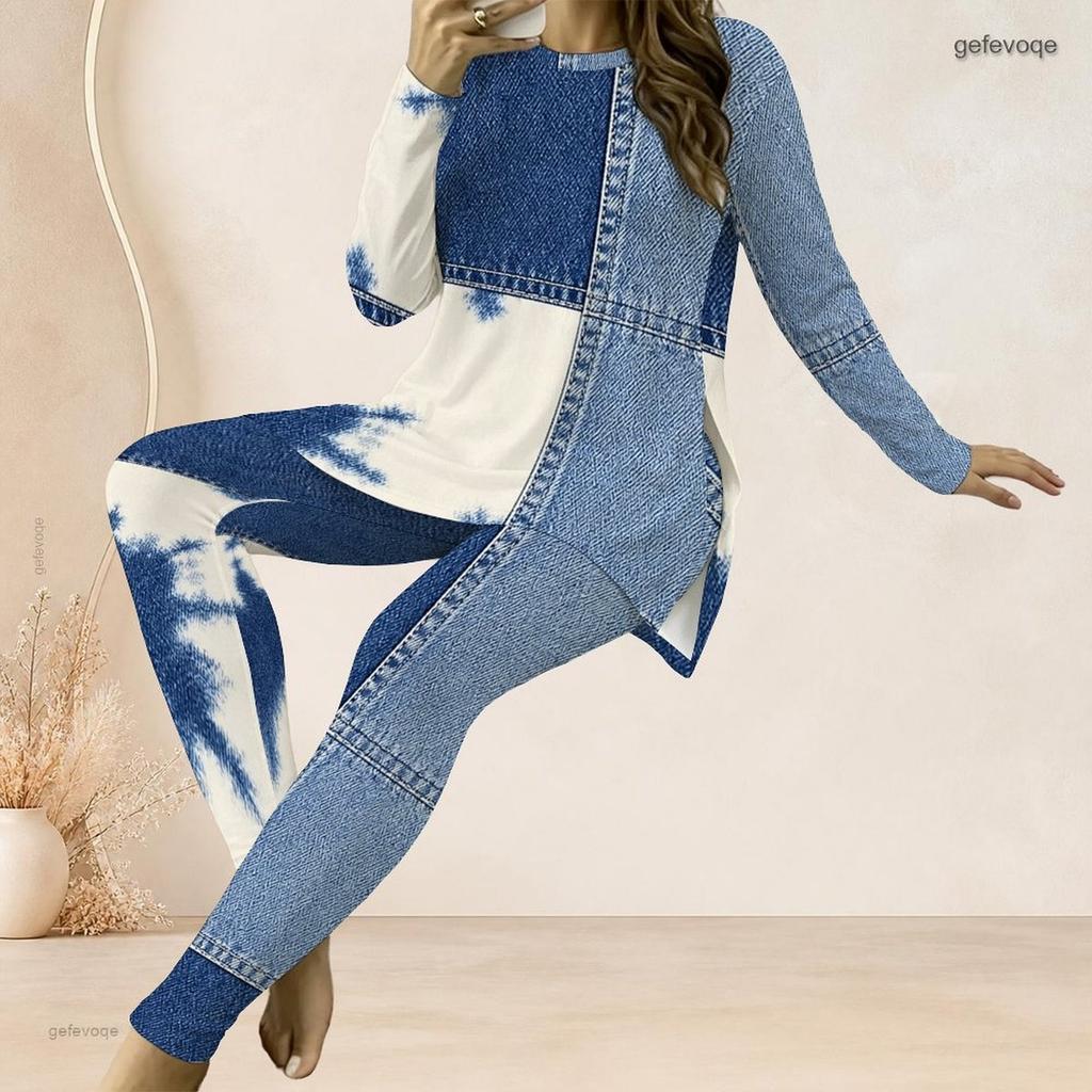 Women Plus Size Printed Two Piece Set Round Neck Long Sleeve Side Slit Long Top Fitted Pants