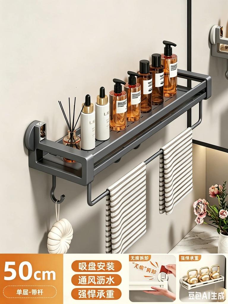 Wall Mount Bathroom Storage Rack Suction Cup No Drilling Toilet Sink Cosmetic Organizer For Washroom Restroom