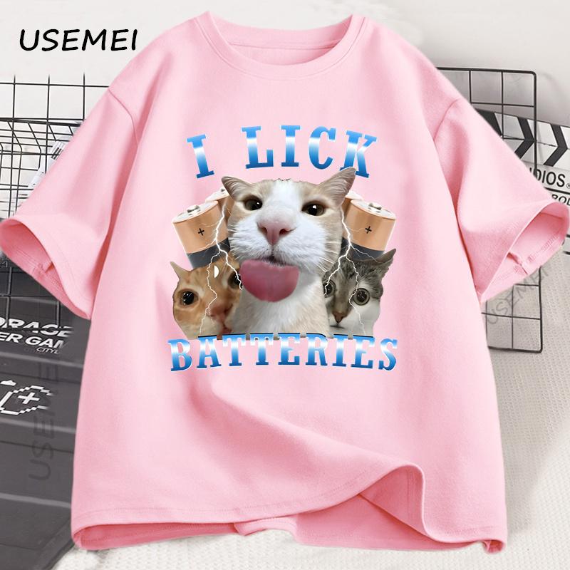 Ich lecke Batterien Lustige Katze Grafik T-Shirts Baumwolle Kurzarm O-Ausschnitt T-Shirt Lässig Mode Herren T-Shirt Kurzarm Sommer