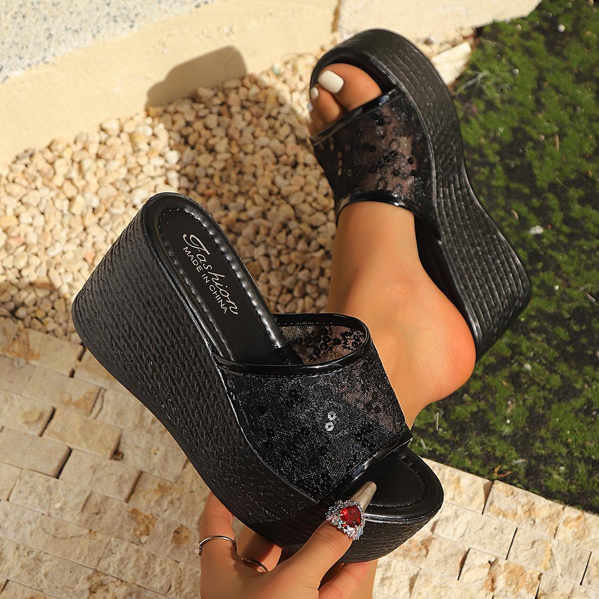 

Women s Wide Width Platform Sandals, Lace Design Round Toe High Heel Slides, Fashion Summer Slippers for Women 43