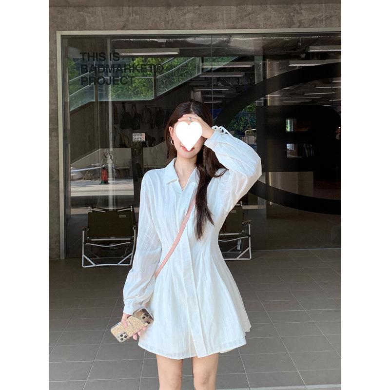 White small lapel long-sleeved dress women's spring dress new design sense lace-up and thin waist A-word short skirt