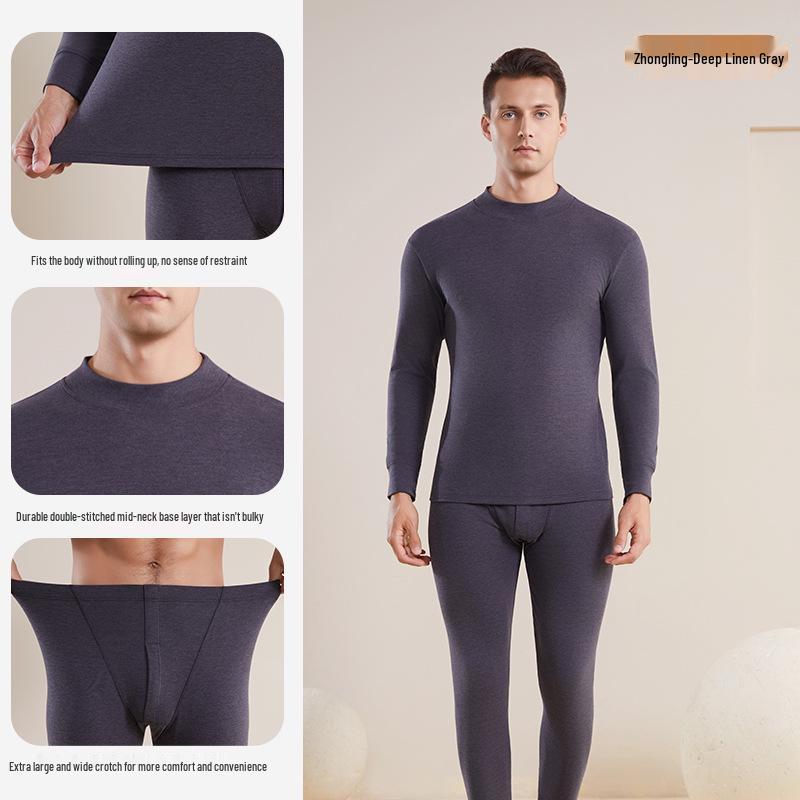 Men's Fleece-Lined Thermal Underwear Set - Heat-Retaining Cotton-Wool Base Layer with Undershirt and Pants