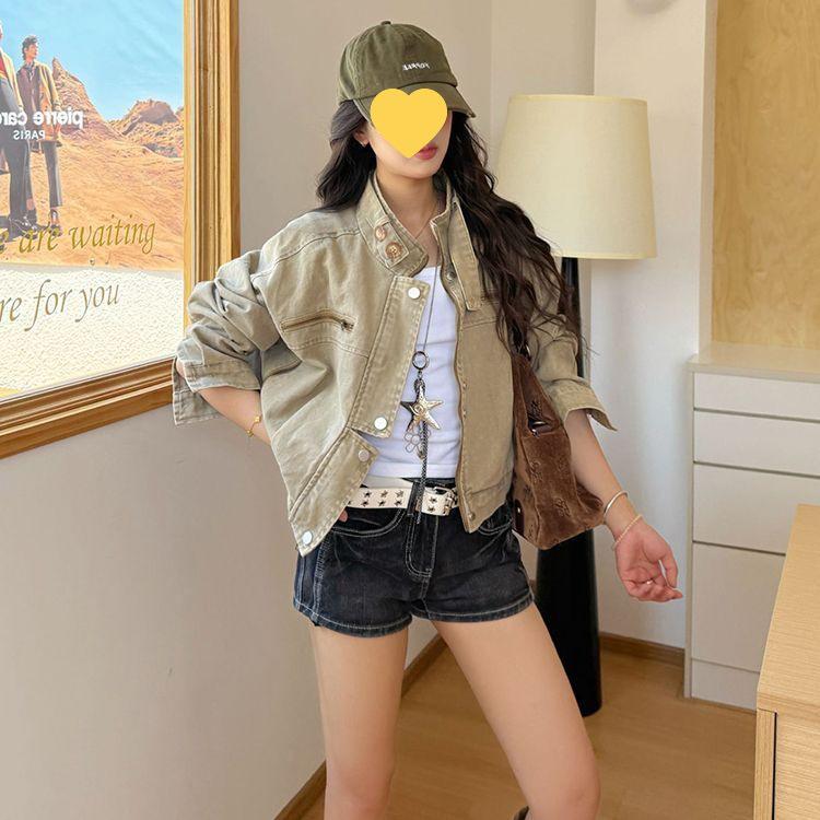 2026 Autumn Women s Retro Denim Jacket with Stand-up Collar - Street Style, Hip-Hop Vibes, Cool & Versatile S Petite