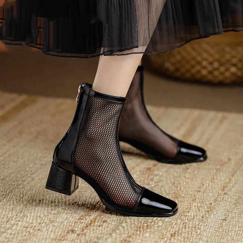 Coarse heel square head women's shoes mesh yarn Roman Korean version fashion square buckle rear zipper Gaobang mother single shoes cool boots