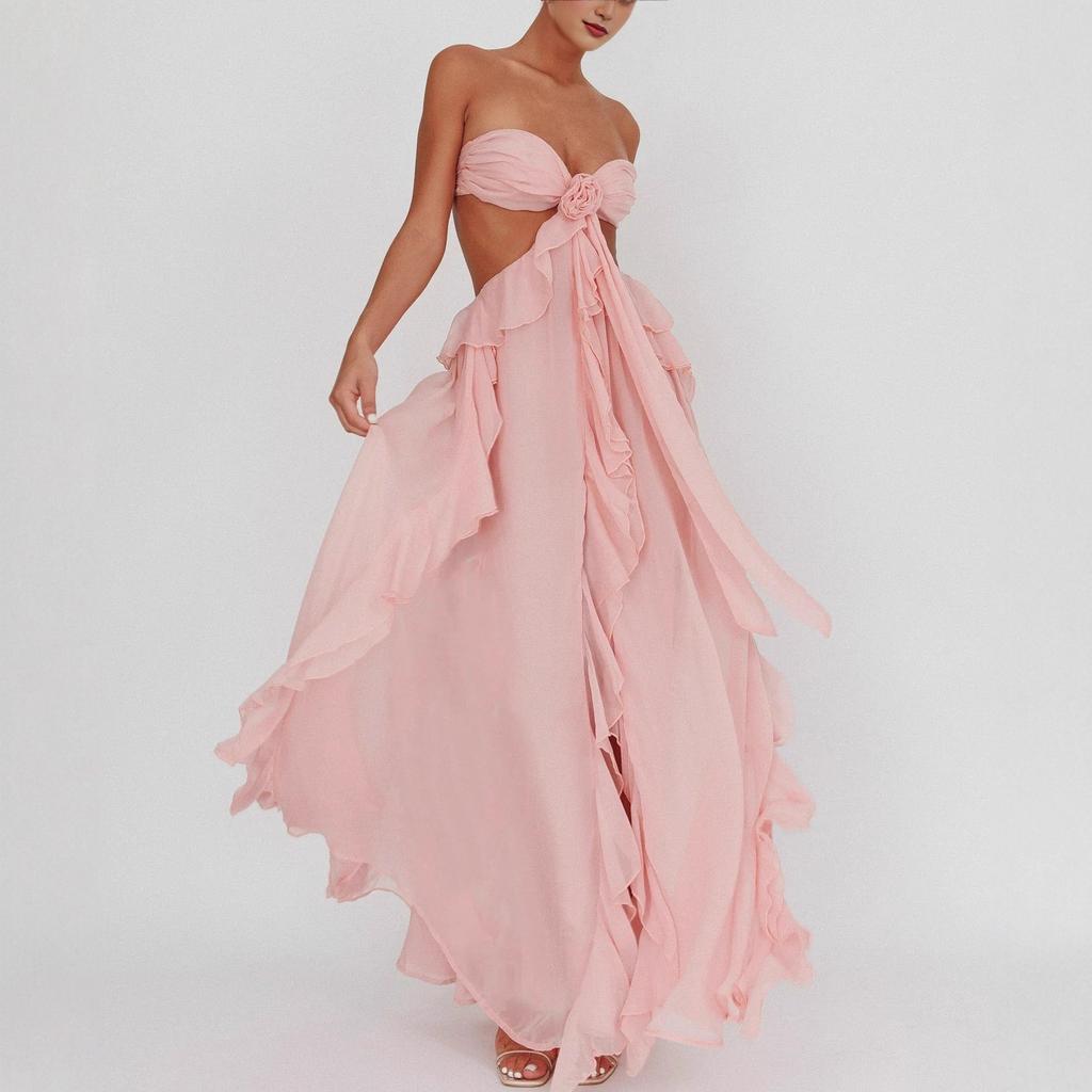 In Stock European and American Cross-border Hot Style Backless Sheer Chiffon Tie Ruffle Women's Sexy Strapless Ruffled Long Dress