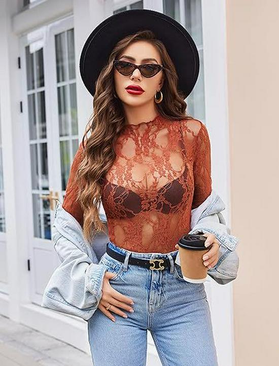 2024 Women's Long Sleeve Stand Collar Floral Lace Top - Transparent See-through Design