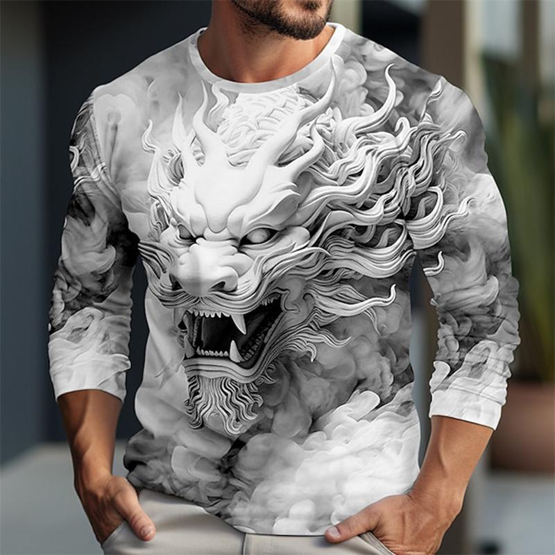 Men Long Sleeve Crewneck Print Fierce Animal Pattern Y2K Fashion Men's Shirt Long Sleeve Street Retro Style Men's Wear