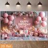 2D Romantic Pink Flower Happy Birthday Backdrop Party Photo Booth Banner
