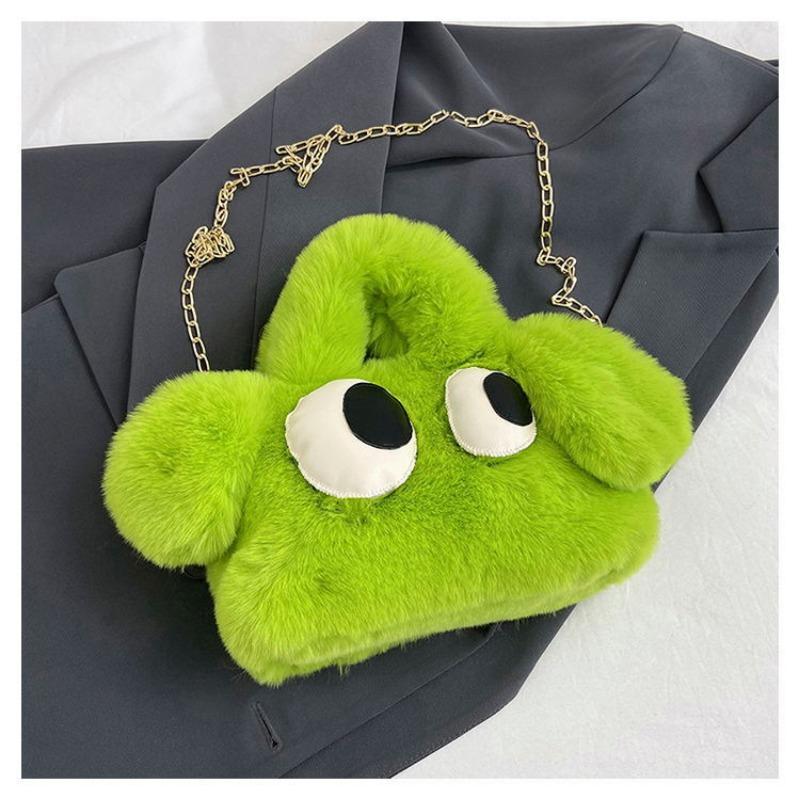 Kawaii Big Eye Plush Crossbody Handbag,Solid Color Embroidered Imitation Wool Tote Bag & Purse for Women - Cartoon Theme
