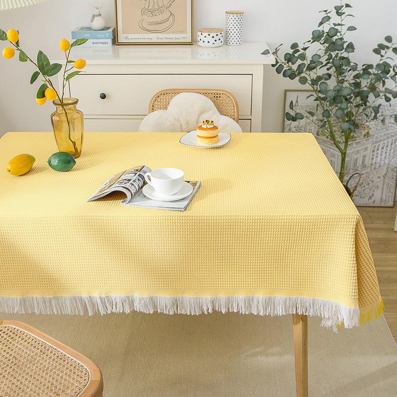 

1PCS Handmade Tassel Home Tablecloth Waffle Cotton Linen Dustproof Table Cloth Living Room Dining Room Party Universal Desktop Decorative Cloth 90*150cm