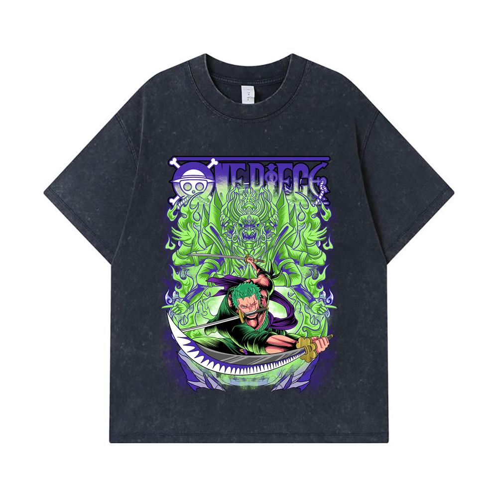 275 GSM Washed T-shirts 100% Cotton One Piece V9 Zoro Print Unisex Heavy Cotton T Shirt