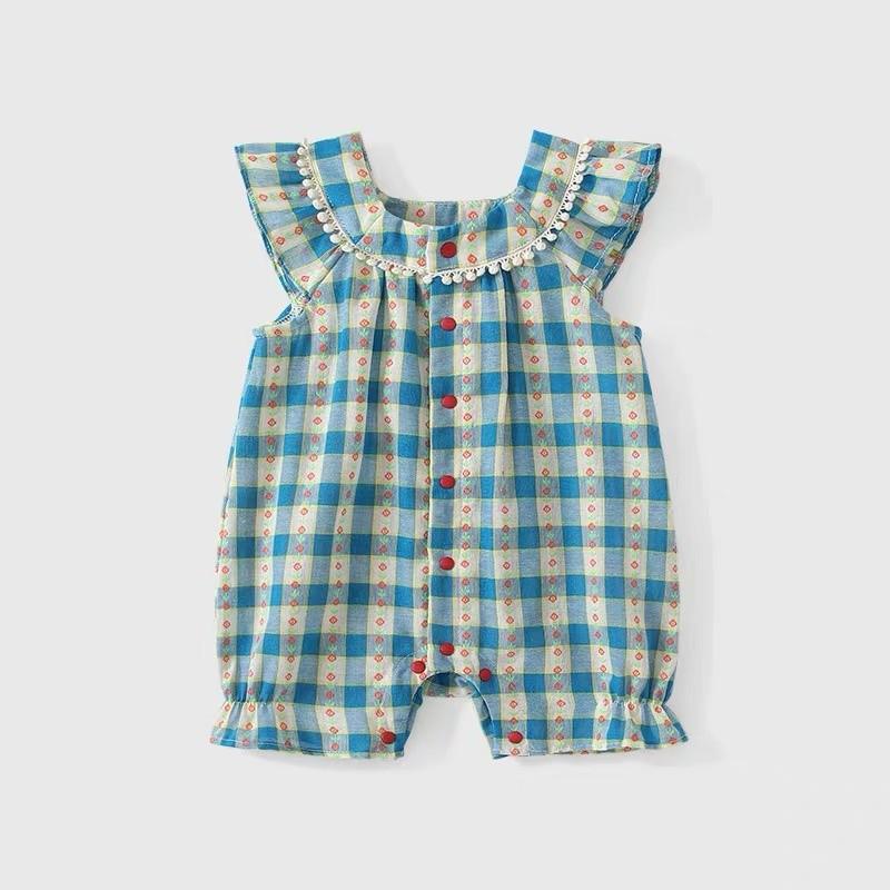 Girls Korean Style Plaid Flutter Sleeve Summer Romper Jumpsuit 73 cm