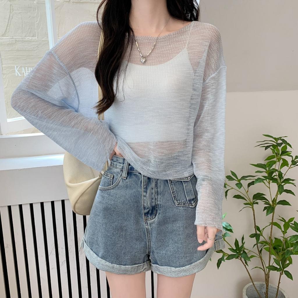 White Ice Silk Short Knit Sun Protection Cardigan Women's Summer Pullover Slim Thin Elegant Outer Wear Mesh Hollow Out Top