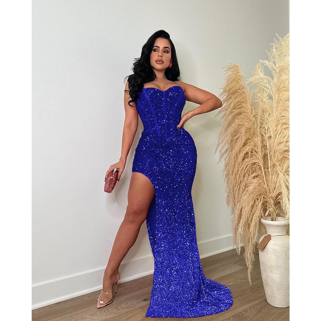 C6792 Europäische & Amerikanische Mode Damen Einfarbig Pailletten Ärmellos Rückenfrei Langes Kleid
