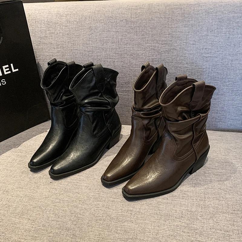 Womens Mid Calf Boots Designer Pleated Leather Boots Chunky Heel Western Cowboy Boot Pointed Chelsea Boots for Women Knight Boot