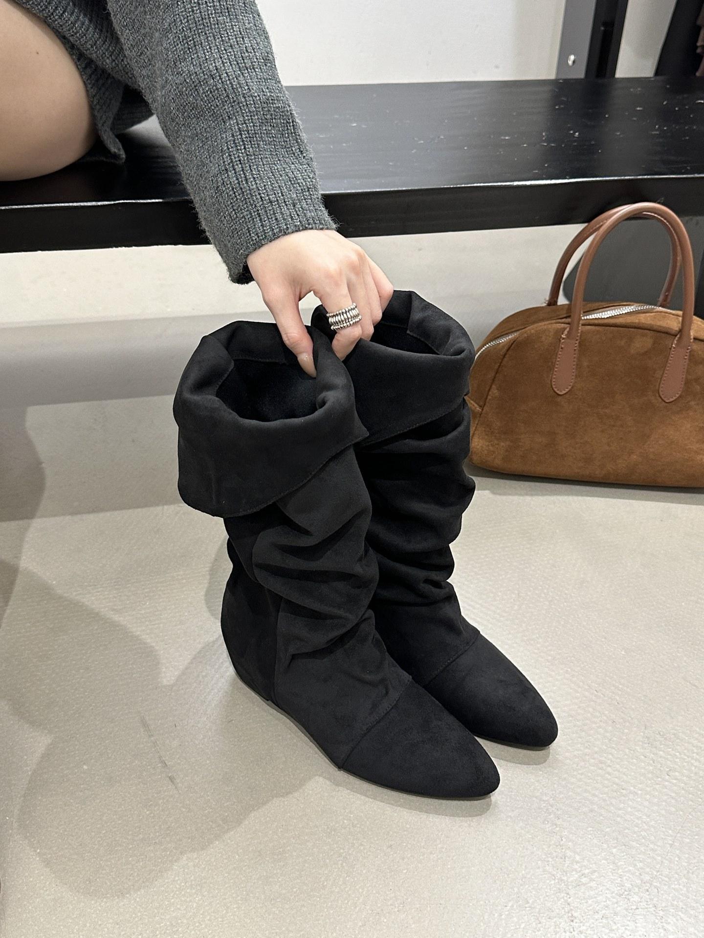 

женские демисезонные плиссированные ботинки из замши, новинка осени и зимы 2025, остроносые ковбойские ботинки в западном стиле, ботильоны с отворотом 39 чёрный