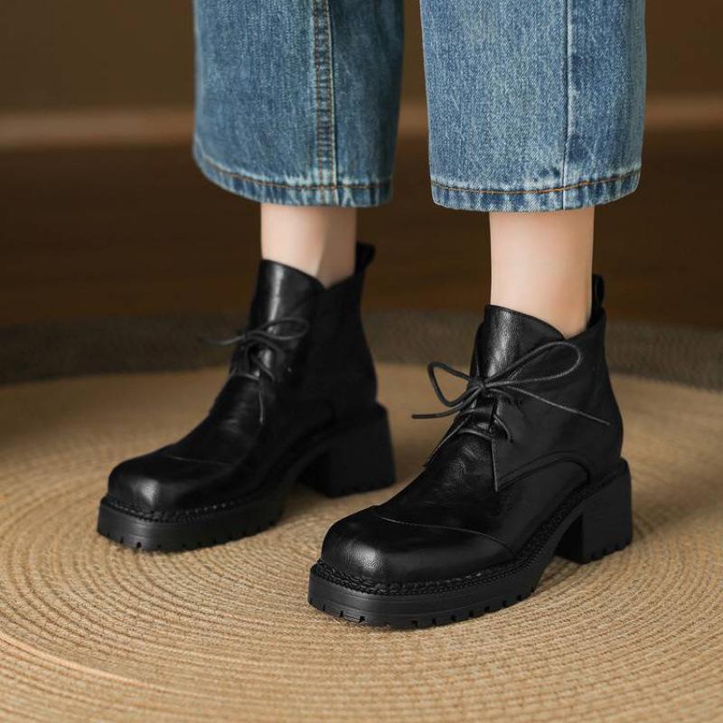 Korean Version of Comfortable High-heeled Large-size Women's Boots Square Head Solid Color Lace-up Square-heeled Medium Boots Autumn and Winter Women