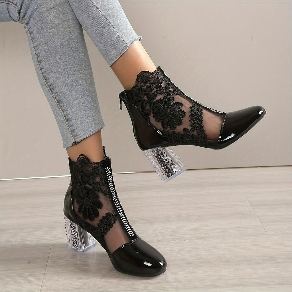 Floral Print Lace Ankle Boots - Women's Square High Heel Shoes, Round Toe, Back Zipper