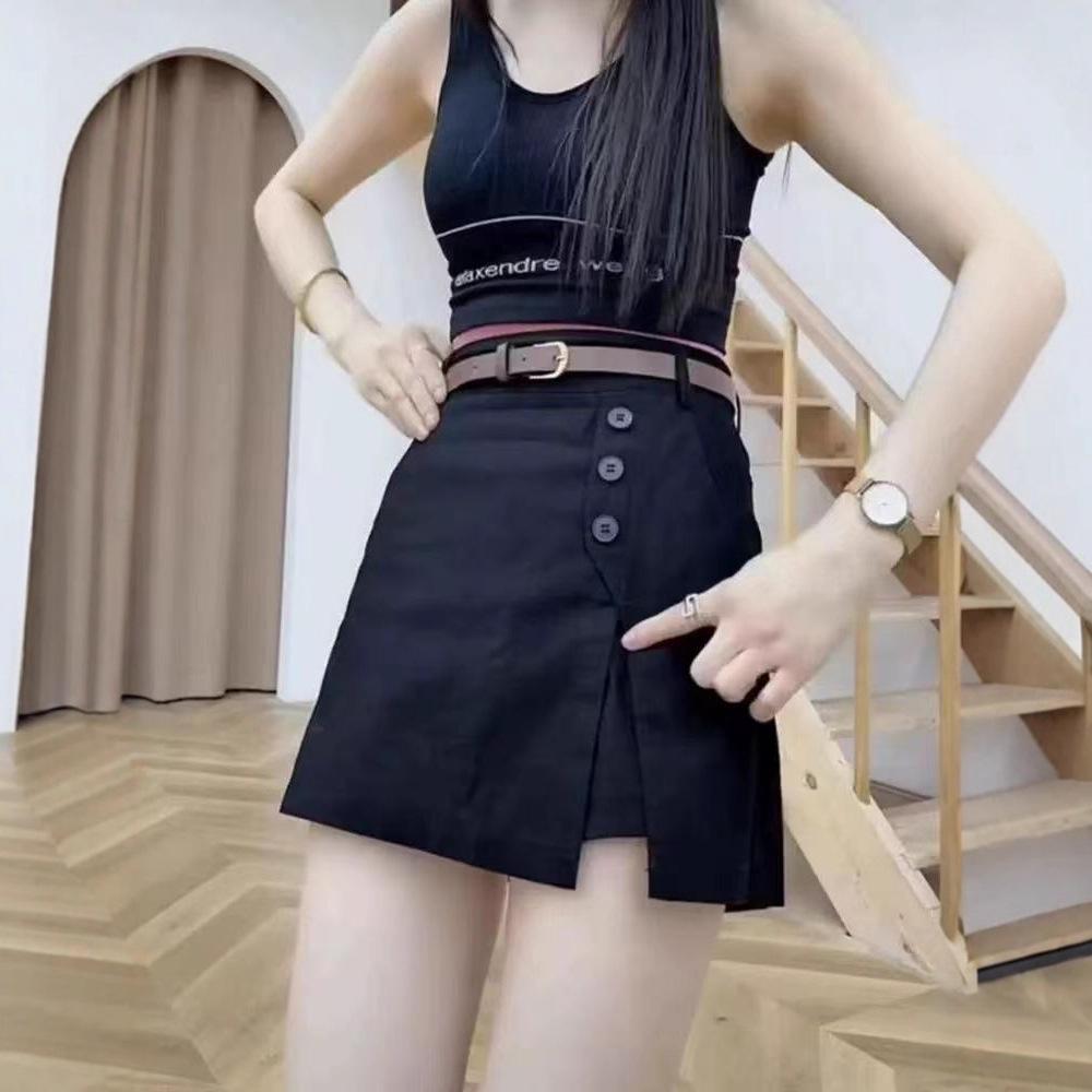 Khaki Women's Elastic High-Waist Mid-Calf Skort - European Style, Slimming & Versatile for Summer Casual Wear