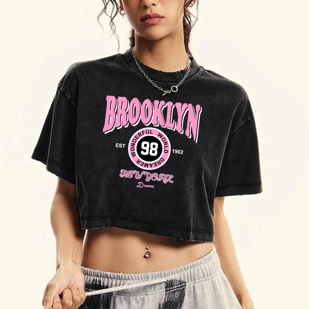 Brooklyn  Wonderful World Dreamer Prints Women Washed Slim T-Shirt Summer O-Neck T Shirts Fashion Retro Crop Top