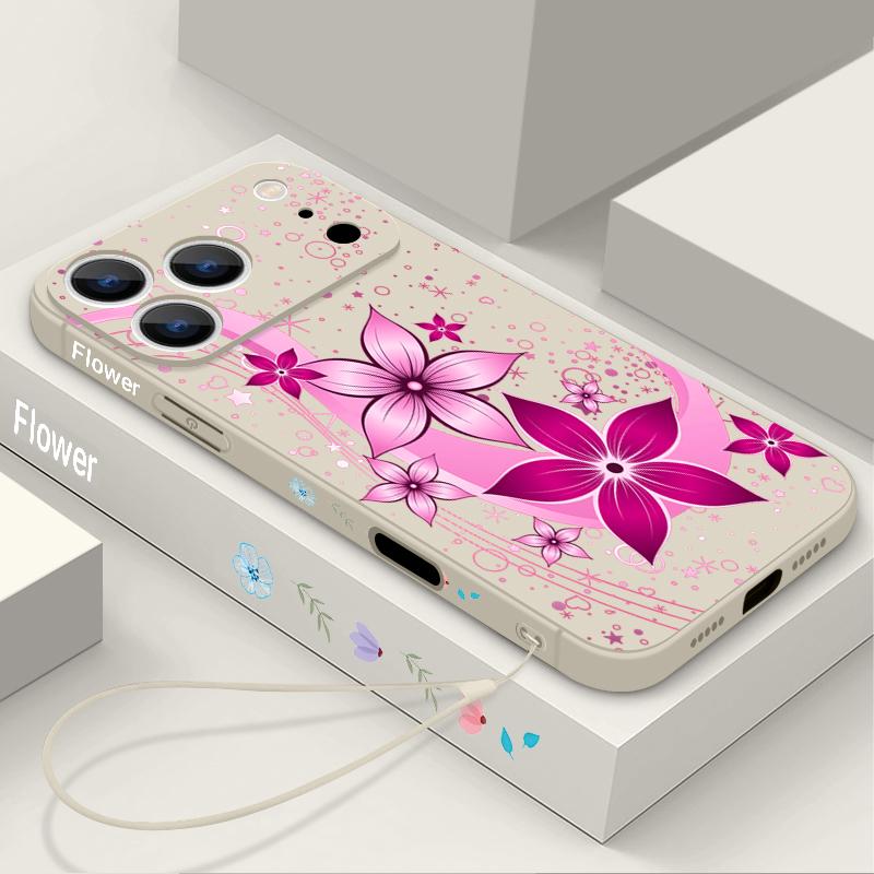 Pink Cartoon Floral Lanyard Case For iPhone 17 Pro Max iPhone 16 15 14 13 Pro Max 11 16E 17E Soft Silicone Phone Back Cover