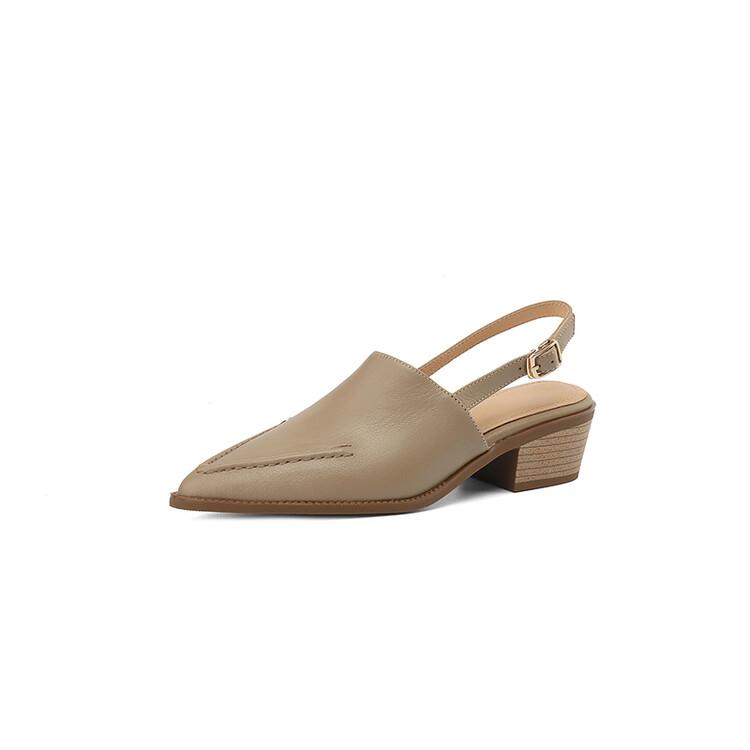 Fashion NEW Summer Women Sandals Genuine Leather Shoes for Women Pointed Toe Chunky Heel Shoes Simple Cover Toe Slingback Buckle Sandals