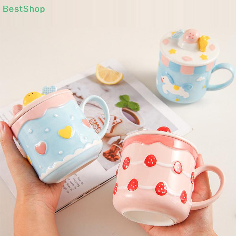 1ks 390ml keramický hrnek Vysoce hodnotný hrnek Strawberry Cake Cup Girls Roztomilý hrnek na vodu s víčkem Hrnek na domácí mléko na snídani