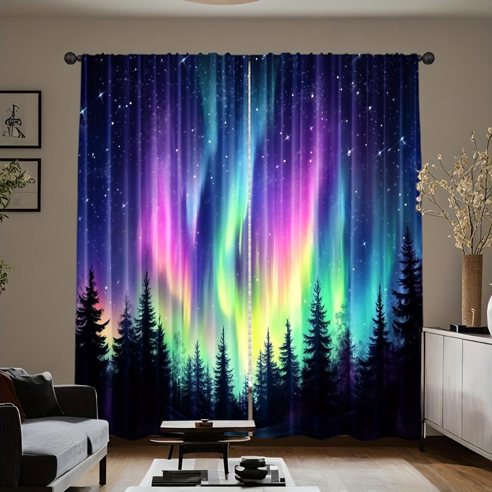 Aurora Borealis Curtains 2pcs – Colorful Northern Lights & Tree Silhouettes, Mystical Nature Art for Home Decor