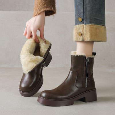 Modne NOWE Zimowe Damskie Buty Okrągły Nosek Gruba Obcas Buty Ze Skóry Dzielonej dla Kobiet Zwięzłe Ciepłe Wełniane Buty Codzienne Buty na Zamek