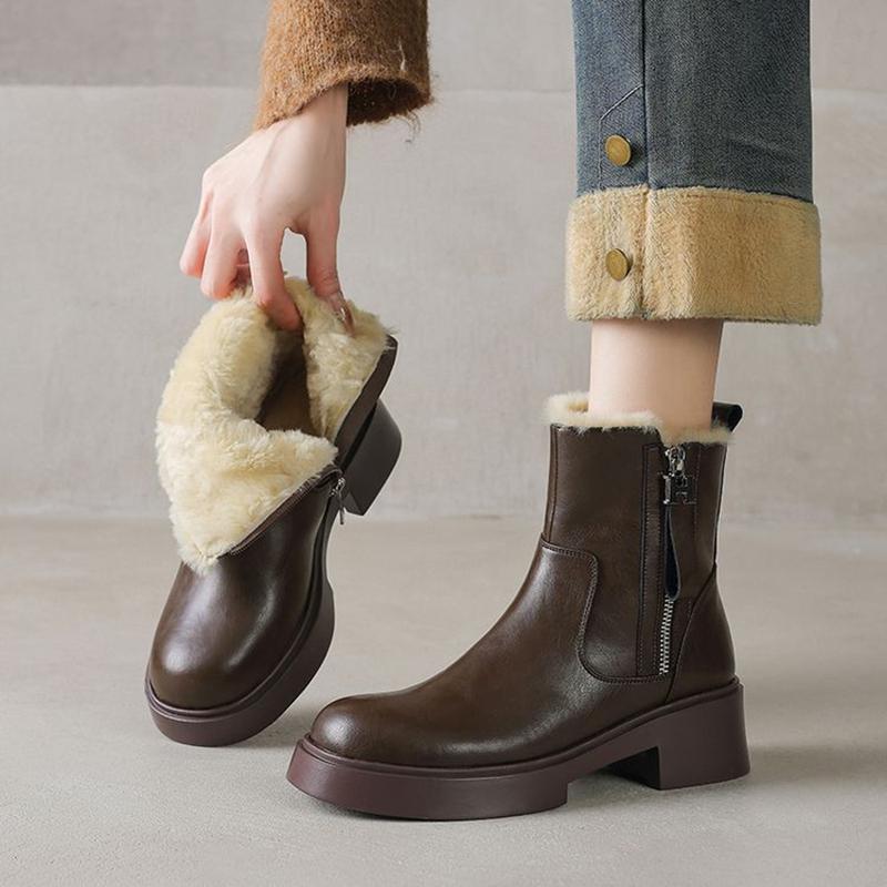 Fashion NEW Winter Women Boots Round Toe Chunky Heel Shoes Split Leather Shoes for Women Concise Warm Wool Boots Daily Shoes Zip Boots