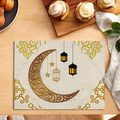 1Pz Tovagliette in Lino a Tema Ramadan con Lanterne Dorate e Design a Luna - Resistenti al Calore, Ideali per Cene Familiari & Ospiti