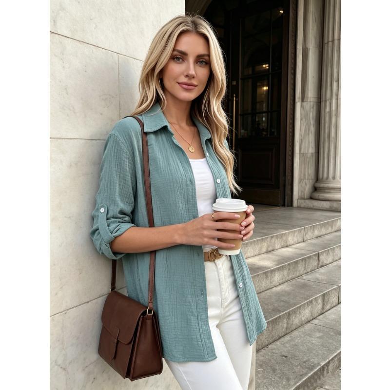 Womens Casual Button Up Long Sleeve Roll Tab Sleeve Shirt