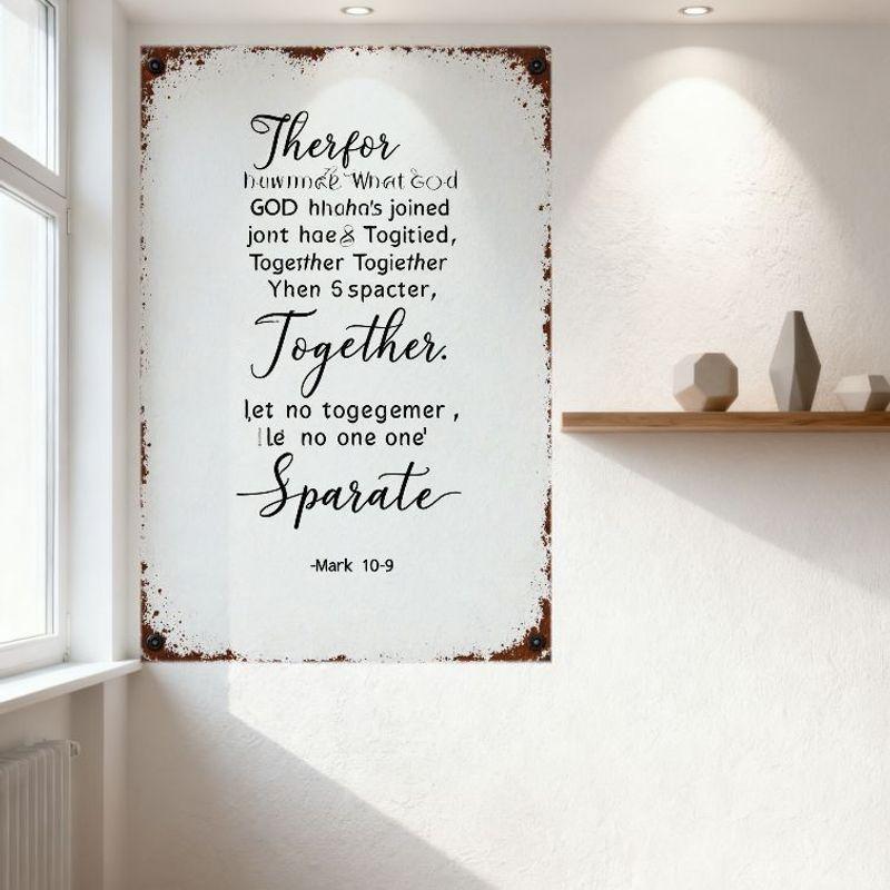 Vintage Mark 10:9 Bible Verse Tin Sign Rustic Metal Wall Decor Handwritten Text Art for Home Bar Pub Decoration