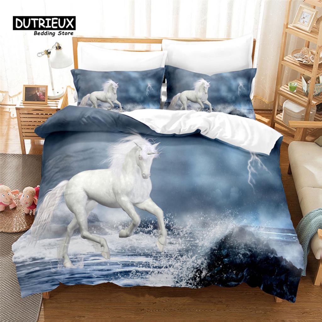 Girls Unicorn Flower Duvet Cover Cartoon Bedding Set Microfiber 3D Print Comforter Cover King Full For Kids Teen Bedroom Decor