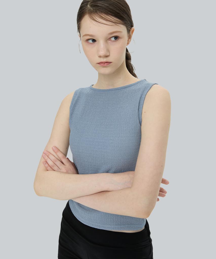 Lomaentinueo Boat Neck Slim Sleeveless Top (Blue)