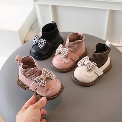 High Top Baby Girl Kintted Sock Shoes Houndstooth Buttefly-knot Toddler Boots for Kids Girls Elegant Newborn Autumn Shoes G09273