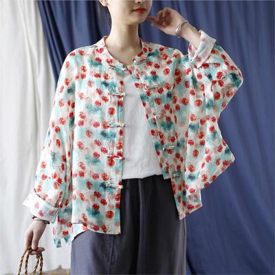 Women Vintage Print Floral Shirts Tops Stand Long Sleeve Button Blouses Autumn Ramie Women Shirts