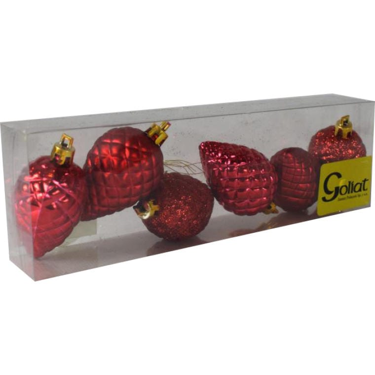 Set of 6 Red Cone-Shaped Christmas Tree Baubles - Mixed Matte and Gloss