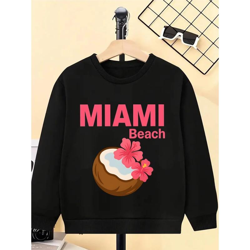 Girls' Crewneck Sweatshirt - Miami Beach Coconut Flower Drink Machine Washable, Spring And Autumn