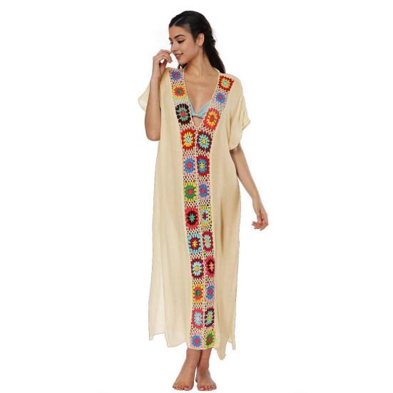 Women Summer Cover Up Dress V-Neck Short Sleeve Crochet Flower Decor See-through