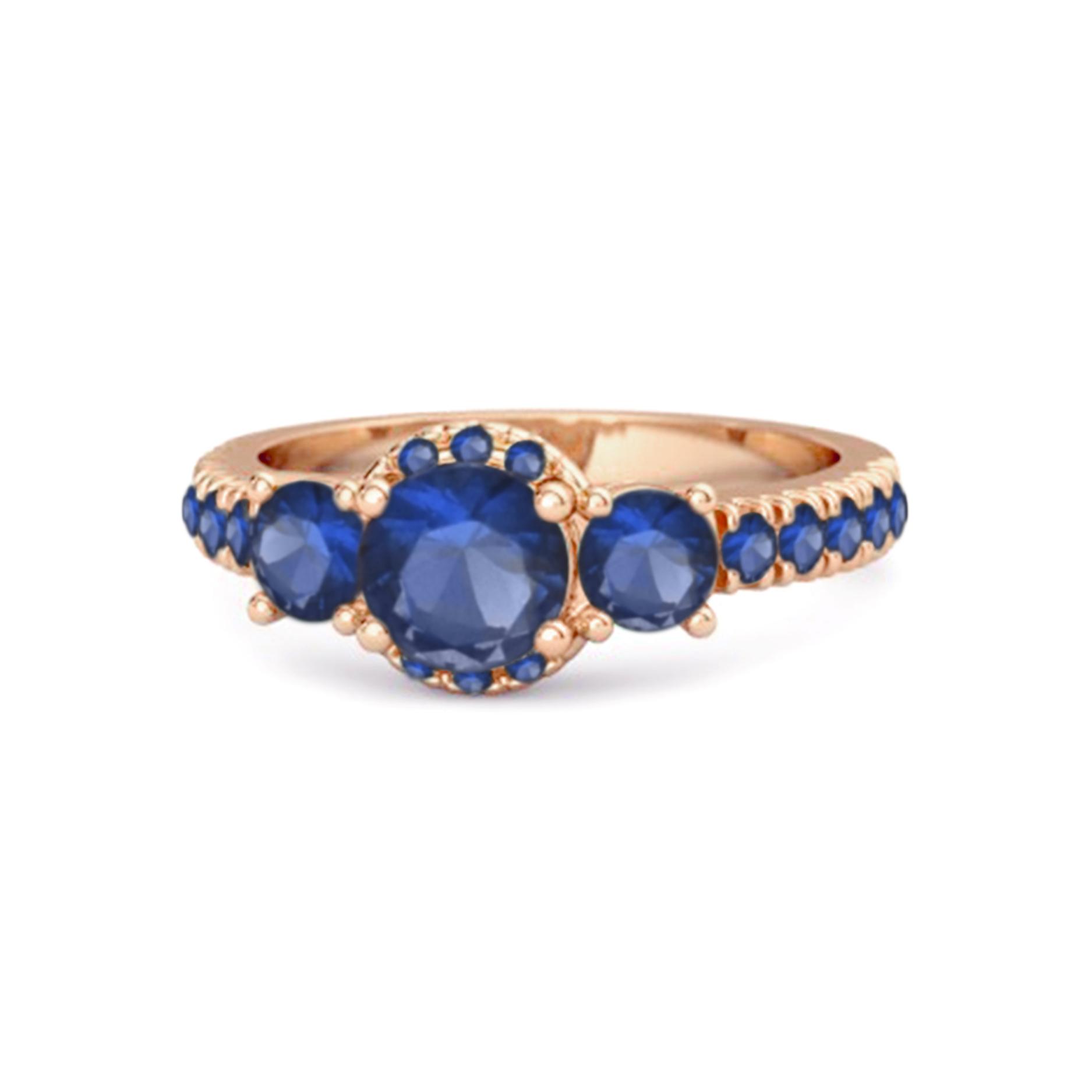 Blue Sapphire Three- 925 Stone Halo pave Band Ring - 925 Sterling Silver Rose Gold Vermeil 9.5