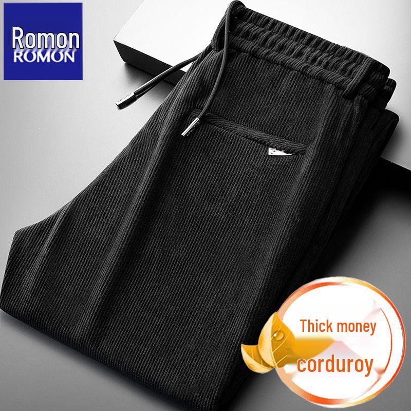 Romon Men's Fleece-Lined Corduroy Pants, Thickened Elastic Waist, Autumn/Winter Warm Casual Style.