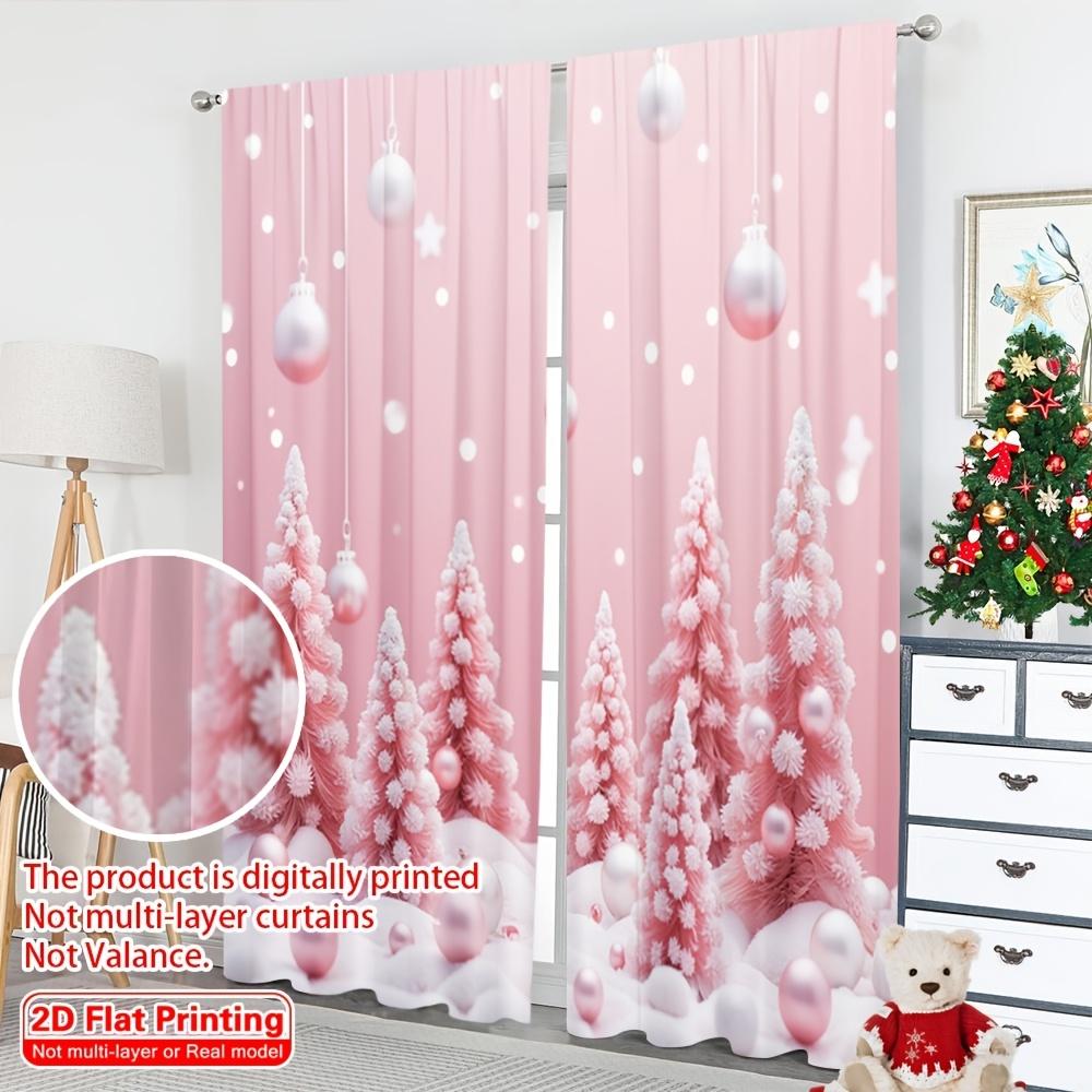 2PCS Christmas Winter Curtains, Pink Christmas Tree Snow Baubles, Digital Print, Bedroom Living Room, Rod Pocket, Home Decor