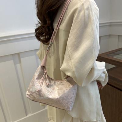 Sweet Embroidery Shoulder Bag Nylon Texture Beads Pendant Crossbody Bag Small Bucket Handbag Women Girl